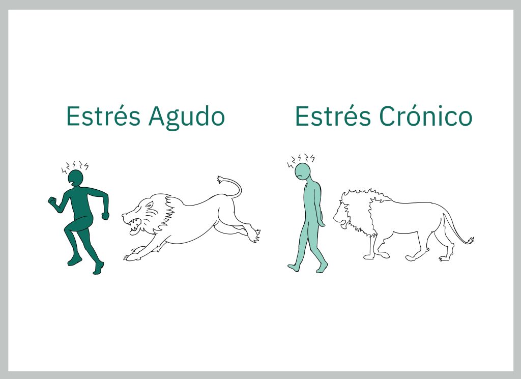 persona asustada por un león, persona fatigada acompañada por un león